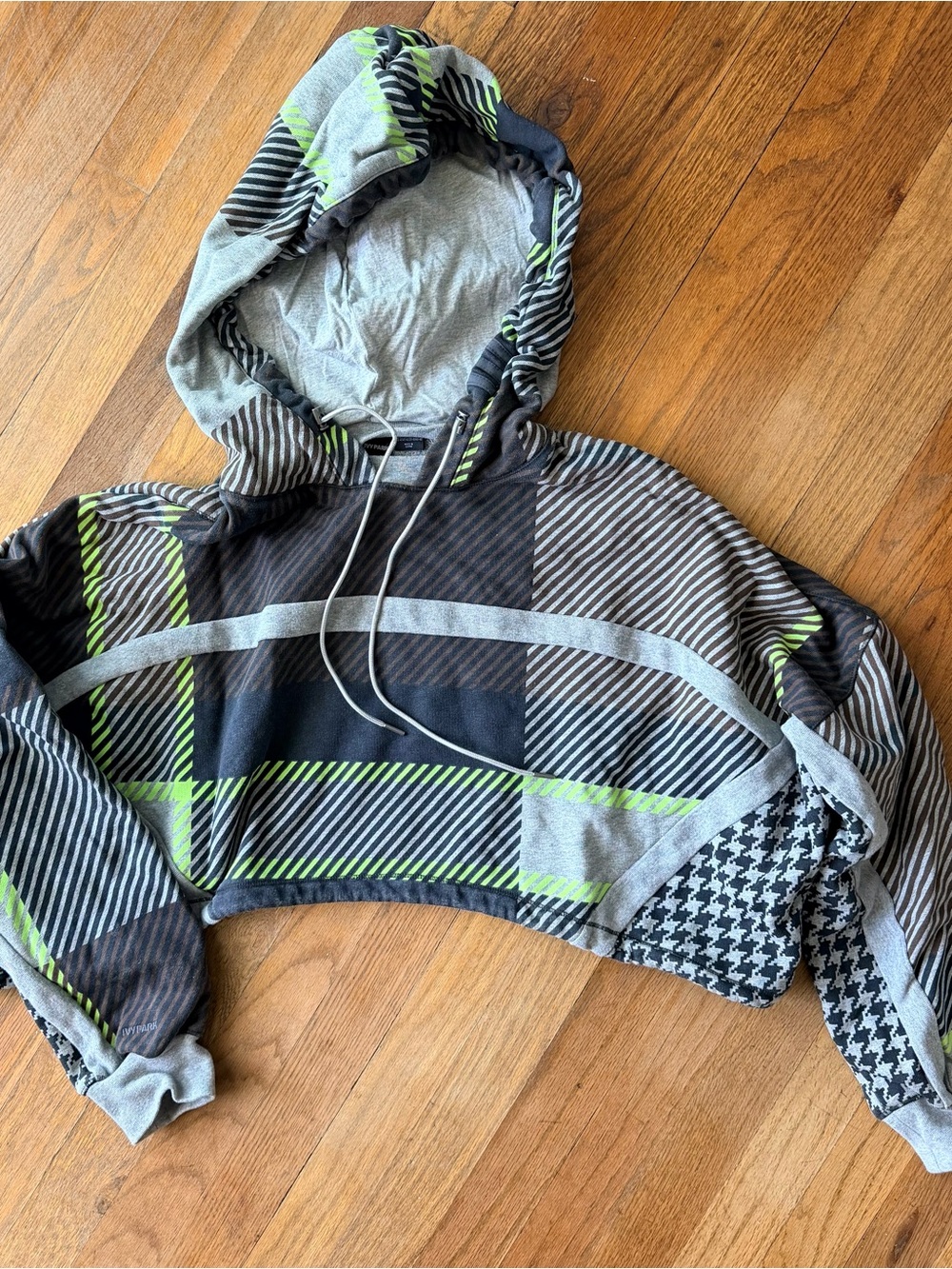 IVY PARK Gray Black Neon Green Plaid Cropped Hoodie